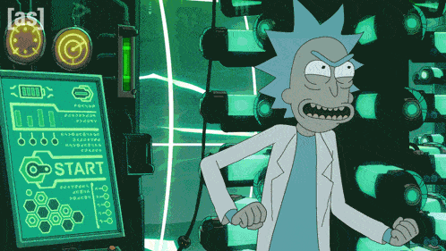 rick from rick and morty is standing in front of a start button
