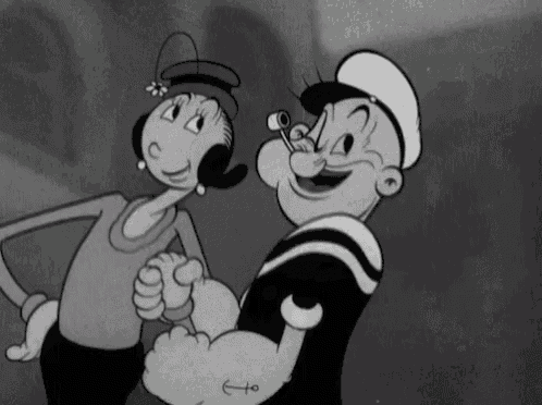 a black and white cartoon of popeye and a woman standing next to each other
