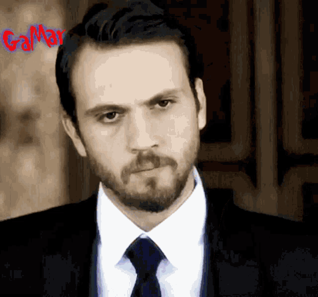 a man with a beard wearing a suit and tie with the word gamar written in red