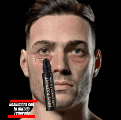 a man 's face is shown with a bottle of men expert eye roller