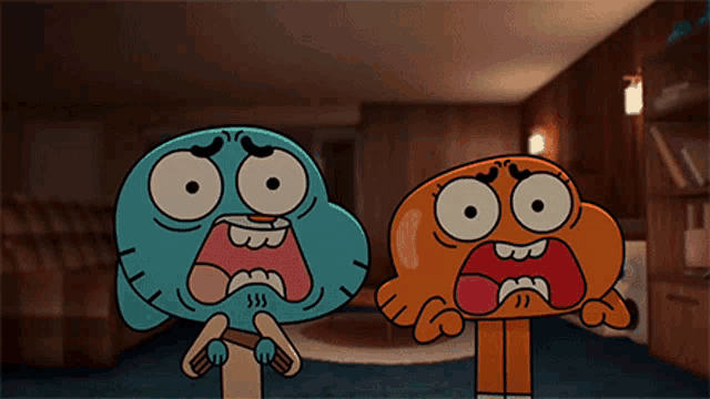 gumball and darwin from the amazing world of gumball are standing next to each other with their mouths open