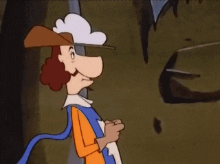 a group of cartoon characters are walking through a tunnel .