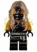 a lego ninjago character with long blonde hair and a mask .