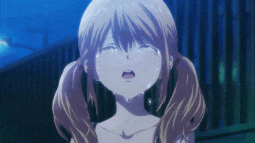 a girl with pigtails is crying with water coming out of her eyes