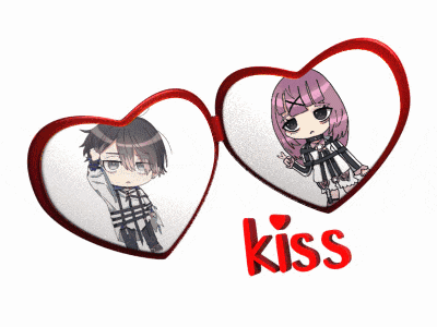 a boy and a girl in a heart with the word kiss below them