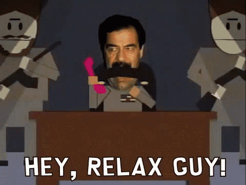 a cartoon of a man behind a podium with the words hey relax guy