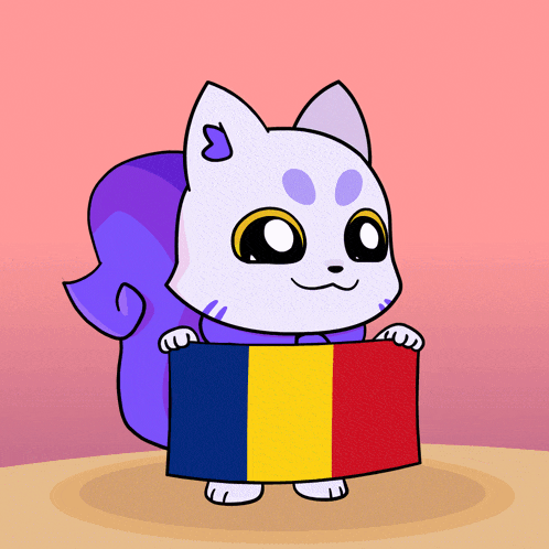 a cartoon drawing of a cat holding a flag of romania