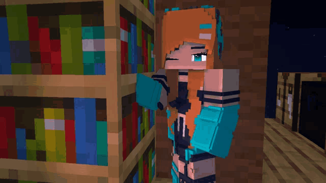 a girl in a minecraft video game is standing in front of a bookshelf