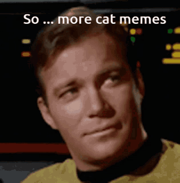 a man in a yellow shirt with the words " so ... more cat memes " below him