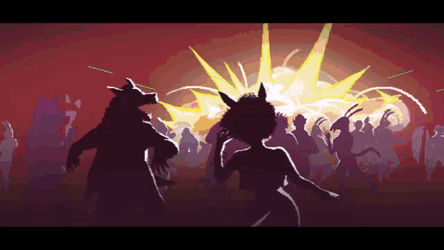 a pixel art drawing of a woman dancing in front of a crowd of people
