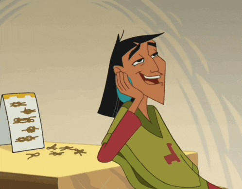 a cartoon character is sitting at a table with a box of scissors in front of him