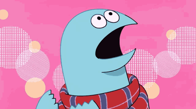 a cartoon character wearing a scarf and a plaid shirt with its mouth open