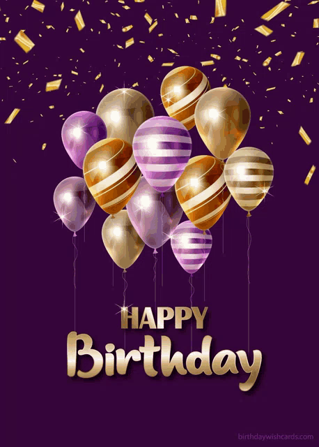 a birthday card with purple and gold balloons and the words happy birthday