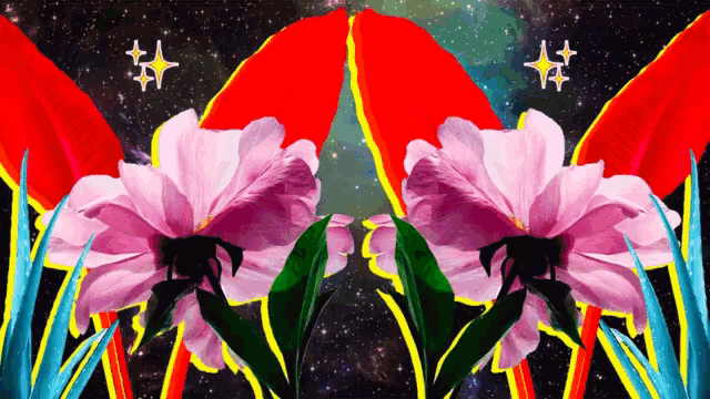 a colorful painting of flowers and leaves with a galaxy in the background