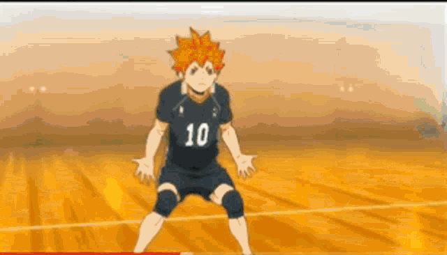 a volleyball player with the number 10 on his jersey is jumping on a court .
