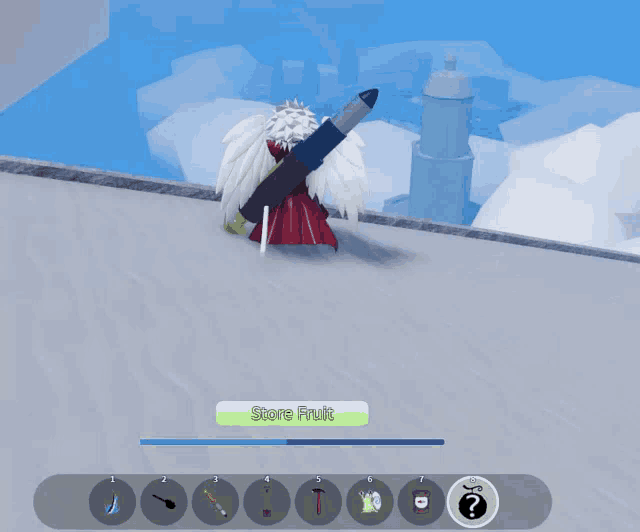 a screenshot of a video game shows a character with wings holding a pen and a score fruit button