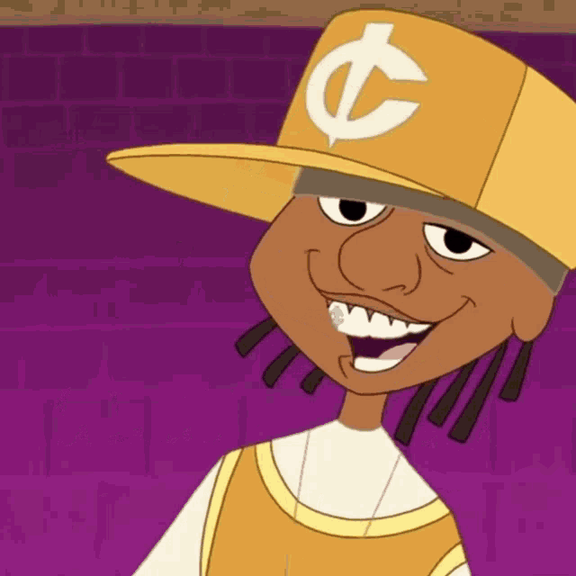 a cartoon character is wearing a yellow hat with a white letter c on it