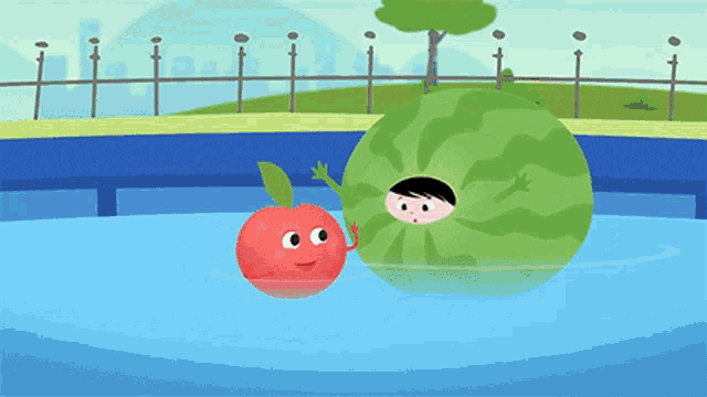 a cartoon of an apple and a watermelon swimming in a pool
