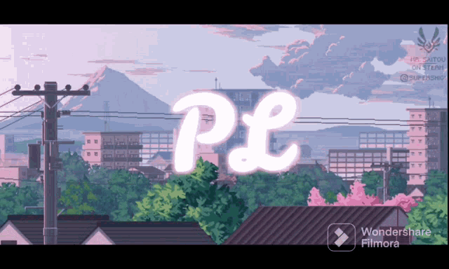 a pixel art drawing of a city with the word pl on it