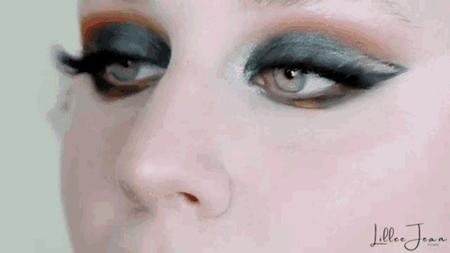 a close up of a woman 's face with smokey eye makeup and long eyelashes .