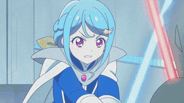 a girl with blue hair and a star on her head is holding a red light saber .