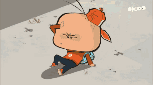 a cartoon character with the word okeo on the bottom left