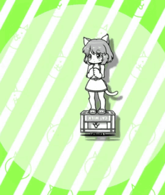 a girl is standing on top of a box that says cat milk .