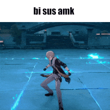 a video game character is standing on one leg with the words bi sus amk below him
