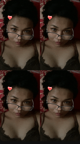four pictures of a woman wearing glasses with hearts on her faces