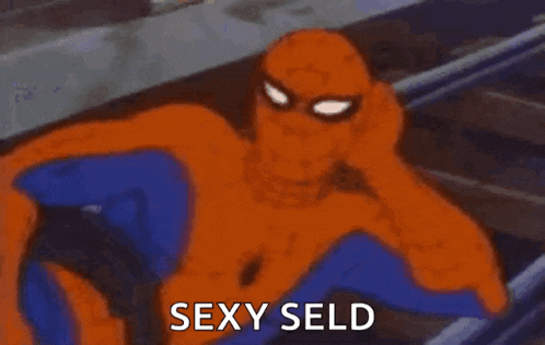 a cartoon of spider-man laying on the ground with the words `` sexy seld '' written on the bottom .