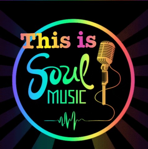 a sign that says this is soul music with a microphone in the center