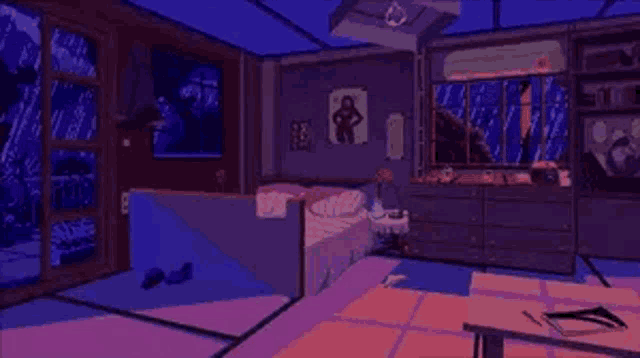 a pixel art of a bedroom with a bed , dresser , desk , and windows .
