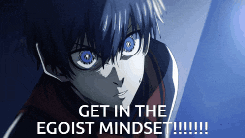a picture of a boy with blue eyes and the words " get in the egoist mindset "