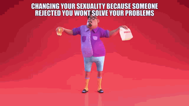 a man in a purple shirt with the words changing your sexuality because someone rejected you wont solve your problems on the bottom