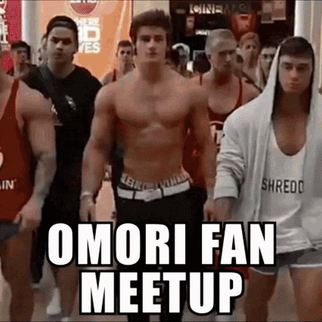 a group of men are walking in a line with omori fan meetup written in white letters