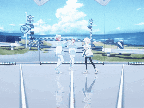 a couple of anime characters standing next to each other with a railroad crossing in the background