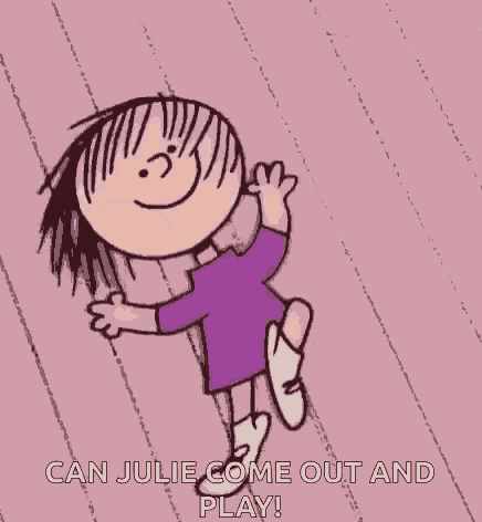 a cartoon of a girl in a purple dress is dancing on a pink surface .