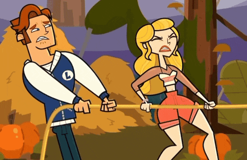 a cartoon of a man and a woman pulling a rope with the letter b on their jacket