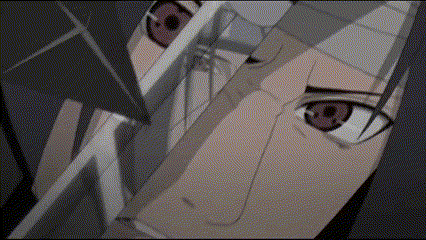 a close up of a person 's face with red eyes and a sword in the background .