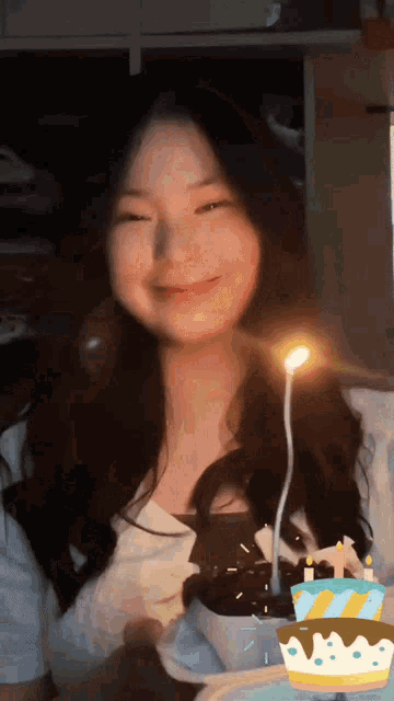 a girl is blowing out a candle on a cake with the number 77 on it