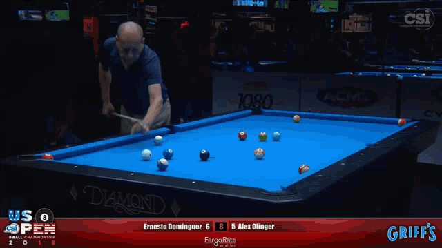 a pool table with a scoreboard that says ernesto dominguez 6 5 alex olinger