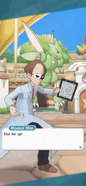 a masked man is holding a clipboard in front of a pokemon