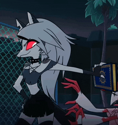 a cartoon character with red eyes is holding a book