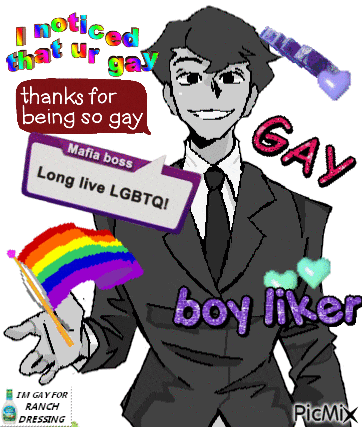 a cartoon of a man in a suit holding a rainbow flag with the words " i noticed that ur gay "