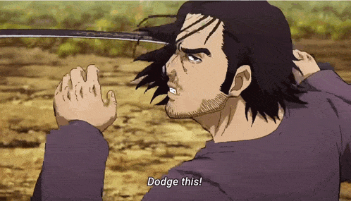 a man is holding a sword in his hand and says dodge this