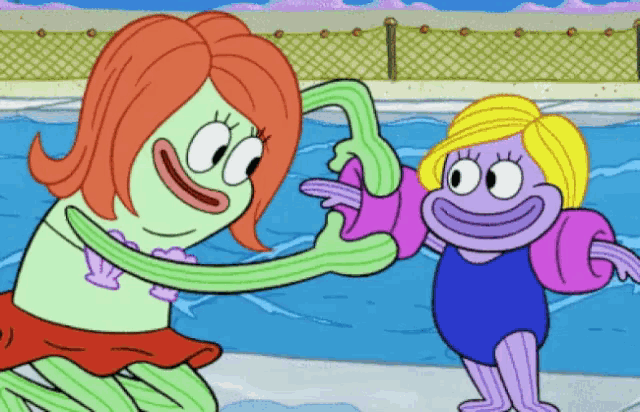two cartoon characters are standing next to each other in front of a swimming pool