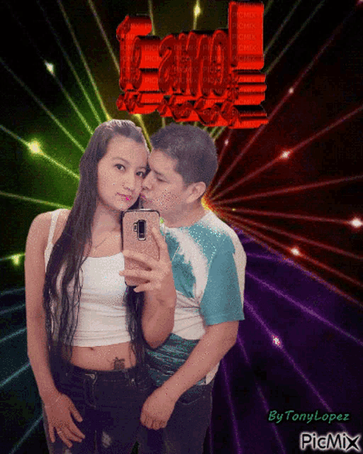a man kisses a woman on the cheek while taking a selfie