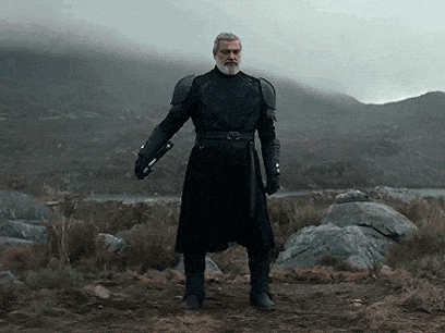a man with a beard and armor is standing in a field holding a gun .