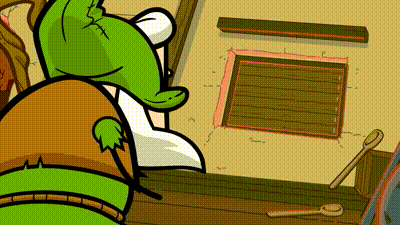 a cartoon character is looking out a window