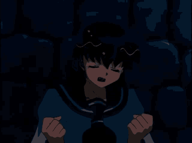 a girl in a school uniform with a tie is screaming in the dark